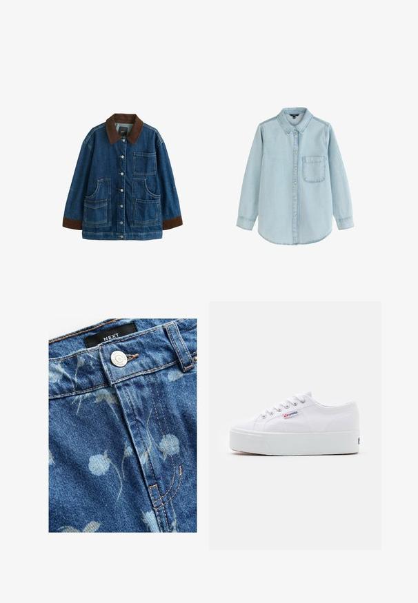 Jeansjacke mit braunem Cordkragen und Manschetten, vordere Knopfverschluss sowie vier große aufgesetzte Taschen, vor weißem Hintergrund präsentiert.; Hellblaues Jeanshemd mit langen Ärmeln, Knopfleiste, einer Brusttasche vorne und klassischem Kragen, dargestellt vor weißem Hintergrund.; Denimstoff in hellblau mit floralem Muster. Enthält einen silbernen Knopfverschluss und beigefarbene Nähte entlang der Nähte. Markenlabel sichtbar.; Weiße Leinenschuhe mit einer dicken weißen Plattformsohle, runder Zehenpartie und Metallösen für die Schnürsenkel. Markenlogo an der Seite angebracht.