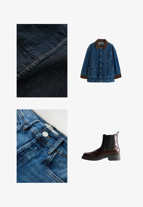 Spijkerjasje met bruine corduroy kraag en manchetten, ritssluiting aan de voorkant en vier grote opgestikte zakken, afgebeeld tegen een witte achtergrond.; Donkerblauwe denimstof met een subtiele verticale textuur, voorzien van oranje stiksels langs de naad voor accentuering.; Lichtblauwe spijkerbroek van denim met een ritssluiting en metalen knoop. Heeft contrasterende stiksels en een klassiek ontwerp met vijf zakken.; Bruine leren enkelboot met elastische zijpanelen, ronde neus en een gestructureerde zwarte rubberen zool. Heeft contrasterende stiksels en een lusje aan de achterkant.