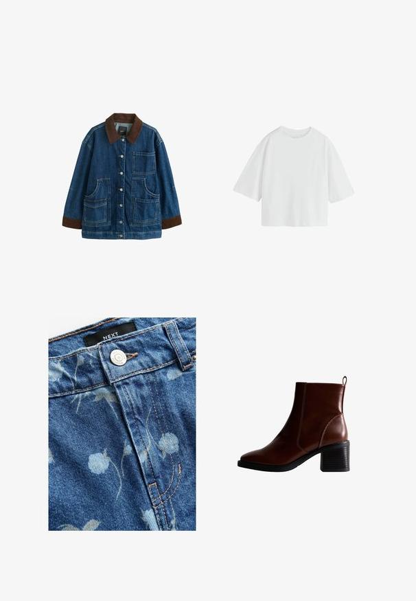 Denimjakke med brun kordfløjls-krave og manchetter, frontknaplukning og fire store påsyede lommer, vist mod hvid baggrund.; Simpel hvid oversized T-shirt med korte ærmer, rund hals og løs pasform.; Denimstof i lyseblå, prydet med blomsterprint. Inkluderer en sølvknaplukning og lysebrune syninger langs sømmene. Mærkets etiket er synlig.; Brun læder ankelstøvle med firkantet tå og sidesøm, en 7,5 cm stablet hæl og en trækflap bagpå for nem påtagning.