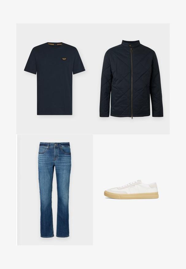 Marineblauwe gewatteerde jas met hoge kraag, ritssluiting aan de voorkant en diagonaal stikselpatroon. Voorzien van goudkleurige accenten en lichtgewicht materiaal.; Donkerblauw T-shirt met korte mouwen en ronde hals met een klein rechthoekig logoplaatje op de linkerborst.; Blauwe denim jeans met een recht model, voorzien van vijf zakken, lichte vervaging en koperen stiksels. Afgewerkt met een standaard tailleband.; Witte sneakers van leer en suède, met een vetersluiting, een tan rubberen zool en een klein logo aan de zijkant.