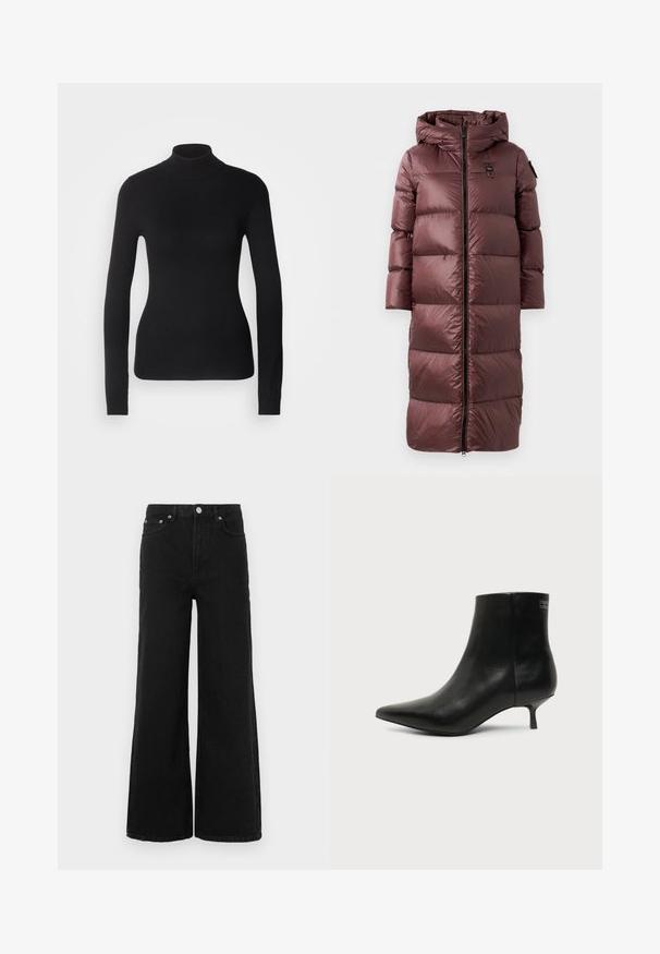Lang, polstret frakke i dyb marsala. Har hætte, frontlynlås og bred horisontal quiltning. Glat, blank tekstur med diskret brandingdetalje.; Sort turtleneck sweater lavet af let strikket stof. Har lange ærmer, et tætsiddende design og en blød ribbet tekstur.; Sorte jeans med vide ben lavet af denim; har høj talje, forlommer og knaplukning. Ingen synlige mønstre eller pynt.; Sort læder ankelstøvle med spids tå og lav kitten hæl på lys baggrund, der viser yderside.
