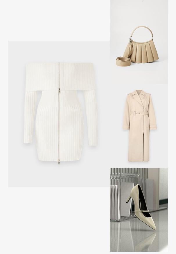 Beige Trenchcoat mit einem doppelt breiten Design, Reißverschluss, tailliertem Gürtel und Seitentaschen. Mit strukturierten Schultern und langen Ärmeln.; Weißes, geripptes Off-Shoulder-Kleid mit langen Ärmeln, das einen Reißverschluss auf der Vorderseite und eine taillierte Silhouette aufweist. Weicher, dehnbarer Stoff.; Cremefarbener High-Heel mit einem dünnen Riemen, auf einem reflektierenden Boden nahe einem Metall-Aktenorganizer mit Papieren platziert.; Lacoste LENGLEN BAG - Handtasche - viennois