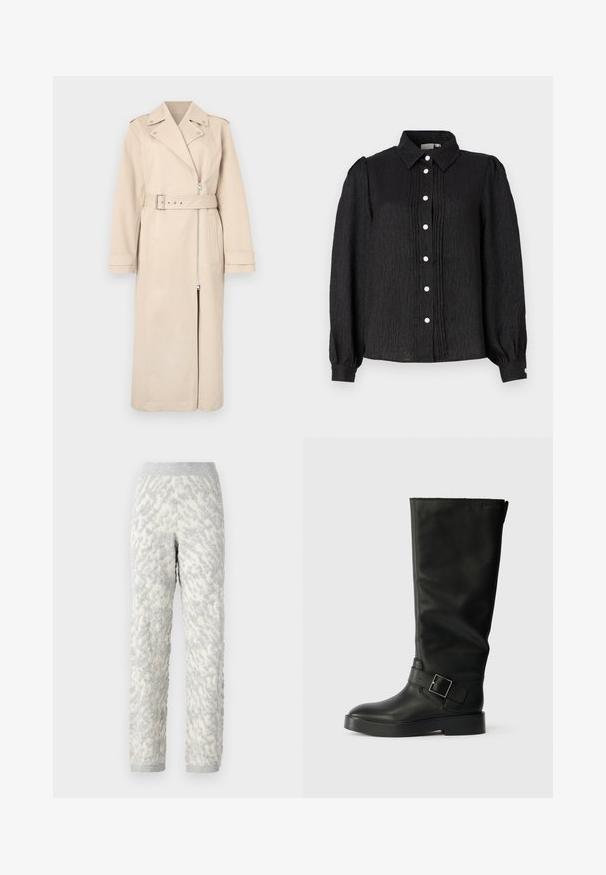 Beige trenchcoat dengan desain ganda, penutupan ritsleting, pinggang berpita, dan saku samping. Memiliki bahu yang terstruktur dan lengan panjang.; Musta kauluspaita, jossa on teksturoidut kankaat, vaakasuoria taitoksia ja helmiäisen kaltaisia nappeja edessä ja hihansuissa.; Teksturoituja lounge-housuja luonnonvalkoiset harmailla kuvioilla, pehmeästä kankaasta valmistettuna, joustovyötärö ja ribbitut hihansuut.; Mustan, sileän nahkan polven yli yltävät saappaat, joissa on pyöristetty kärki, paksu pohja ja vaakasuora hihna suorakulmion muotoisella soljella.