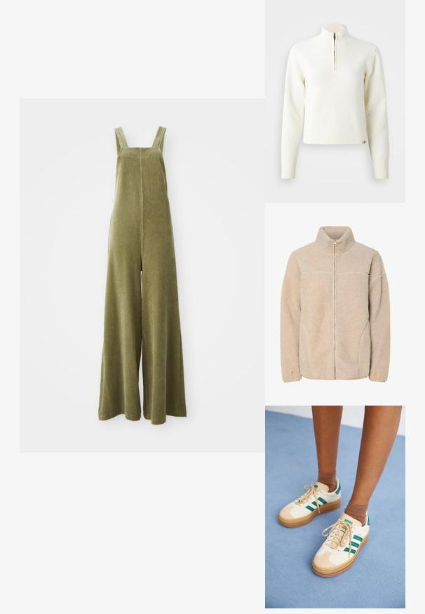 Beige fleece jacket met hoge kraag, ritssluiting en zijzakken. Gelaagd oppervlak met een zachte voelbaarheid en elastische manchetten.; Olijfgroene corduroy tuinbroeken met brede pijpen, verstelbare bandjes en een gestructureerd oppervlak. Eenvoudig ontwerp, geen zichtbare patronen of hardware.; Witte sweater met ritssluiting en lange mouwen. Gemaakt van een zachte gebreide stof, met ribgebreide boorden en een zoom. Subtiele merklogo aan de zoom.; Beige sneakers met donkergroene strepen, rubberen zool, bovenwerk van suede en textiel, en neutrale hardware, gecombineerd met bruine sokken op een lichtblauwe ondergrond.