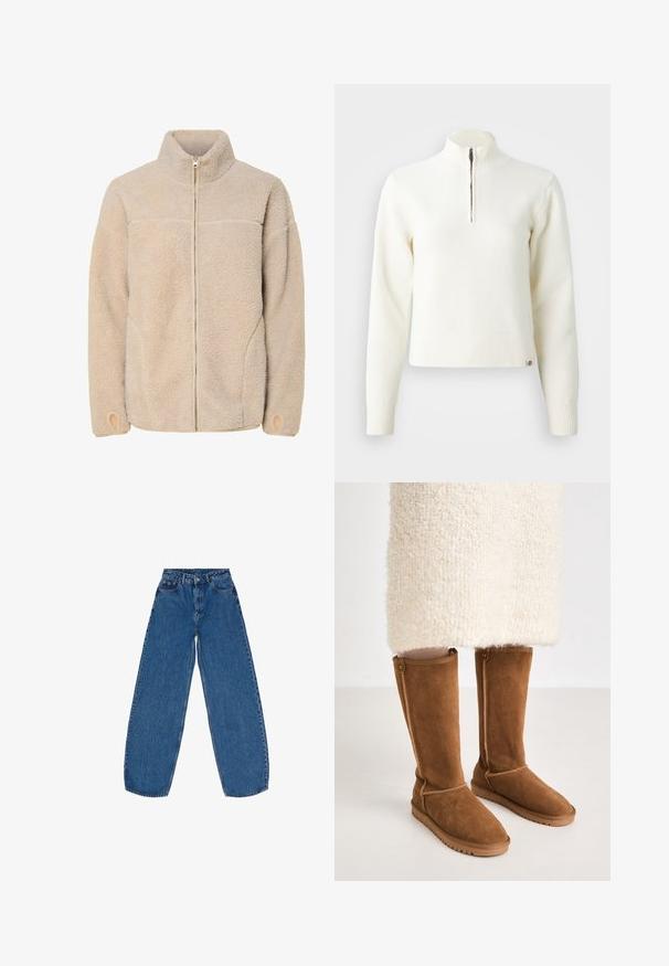 Beige fleece jacket met hoge kraag, ritssluiting en zijzakken. Gelaagd oppervlak met een zachte voelbaarheid en elastische manchetten.; Witte sweater met ritssluiting en lange mouwen. Gemaakt van een zachte gebreide stof, met ribgebreide boorden en een zoom. Subtiele merklogo aan de zoom.; Blauwe spijkerbroek met een losse pasvorm, hoge taille, rechte pijpen en een traditionele vijf-pocketontwerp met een knoopsluiting.; Knee-high bruine suède laarzen met een gladde textuur, voorzien van zijstiksels en een rubberen zool voor grip.