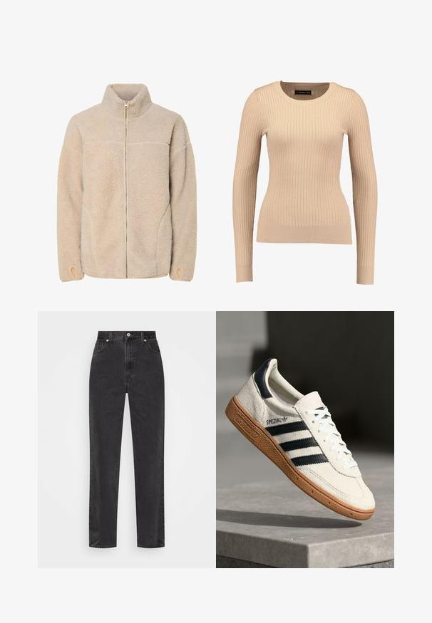 Beige Fleecejacke mit hohem Kragen, Reißverschluss und Seitentaschen. Strukturierte Oberfläche mit weichem Griff und elastischen Bündchen.; Gestreifter Langarm-Pullover in hellbeige, aus dehnbarem Stoff hergestellt. Verfügt über einen runden Ausschnitt und eine taillierte Silhouette mit bündchenartigen Manschetten.; Schwarze Denim-Jeans mit geradem Bein, hoher Taille, vorderem Knopf und Reißverschluss sowie fünf Taschen auf weißem Hintergrund.; Weiße Wildleder-Sneaker mit marineblauen Streifen, Gummisohle, strukturiertem Obermaterial, runder Zehenform und Schnürung; mit Branding an der Seite und auf der Zunge.