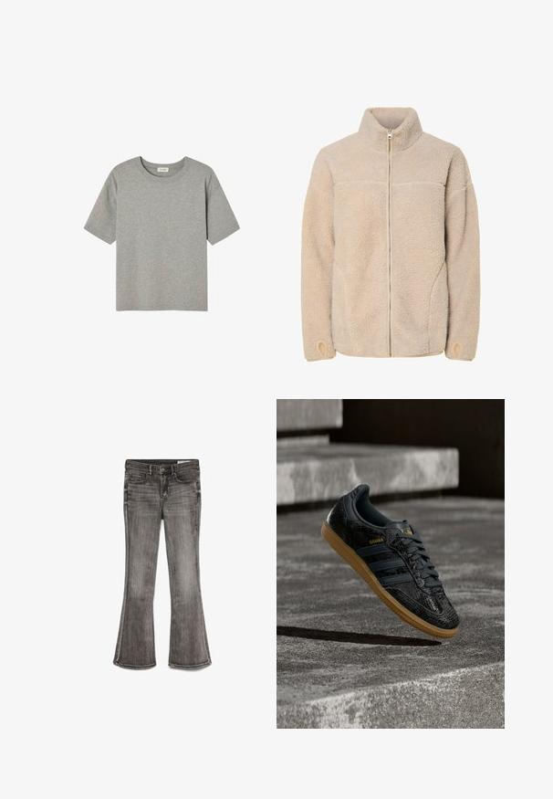 Beige fleecejakke med høj krave, lynlås lukning og sidelommer. Struktureret overflade med en blød fornemmelse og elastiske manchetter.; Grå T-shirt med korte ærmer lavet af blød bomuld, med runde halsudskæring og afslappet pasform uden fremtrædende mønstre eller detaljer.; Udsvingende jeans i falmet sort denim med en let glans. Har fem lommer og kontrastsyninger langs kanterne.; Sort Adidas Samba-sneaker med struktureret mønster, gummisål og guldlogo, placeret i luften over betontrin.