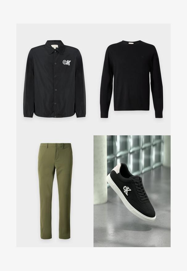Calvin Klein Jeans Chaquetas bomber - black; Suéter negro de manga larga y cuello redondo con un sutil logo "cK" en el lado izquierdo del pecho, con puños y dobladillo acanalados, mostrado sobre un fondo blanco.; Pantalones verde oliva hechos de una tela suave con corte recto, que cuentan con cierre de botón y presillas para cinturón. Sin patrones o acentos visibles.; Zapatilla negra con suela blanca, detalles de ante, cordones y logotipo bordado 'CK' en el lateral. Textura suave con un diseño deportivo.