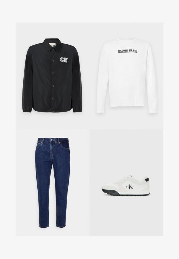 Calvin Klein Jeans Bomberjacke - black; Weißes Langarmshirt aus Baumwolle mit einem schwarzen "CALVIN KLEIN"-Logo auf der Brust und Rundhalsausschnitt. Glatte Textur.; Dunkelblaue Jeans mit geradem Bein, vorderer Knopf- und Reißverschluss, Gürtelschlaufen sowie Vorder- und Gesäßtaschen.; Weiße Calvin Klein Sneaker mit schwarzem Sohle, Wildleder- und Mesh-Einsätzen, CK-Logo an der Seite sowie Calvin Klein-Branding an Ferse und Sohle.