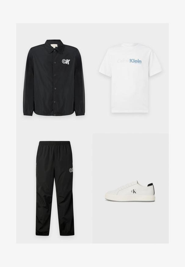 Calvin Klein Jeans Bomberjacke - black; Weißes T-Shirt mit kurzen Ärmeln und dem "Calvin Klein New York" Logo in Hellgrau und Blau, zentriert auf der Vorderseite.; Schwarze Regenhose aus leichtem, wasserdichtem Material. Mit einem elastischen Bund und Logodetail an der Seite. Glatte Textur.; Weiße Leder-Sneaker mit runder Spitze, flacher Gummisohle und schwarzem Absatzakzent. Mit einem auffälligen schwarzen Calvin Klein-Logo an der Seite.