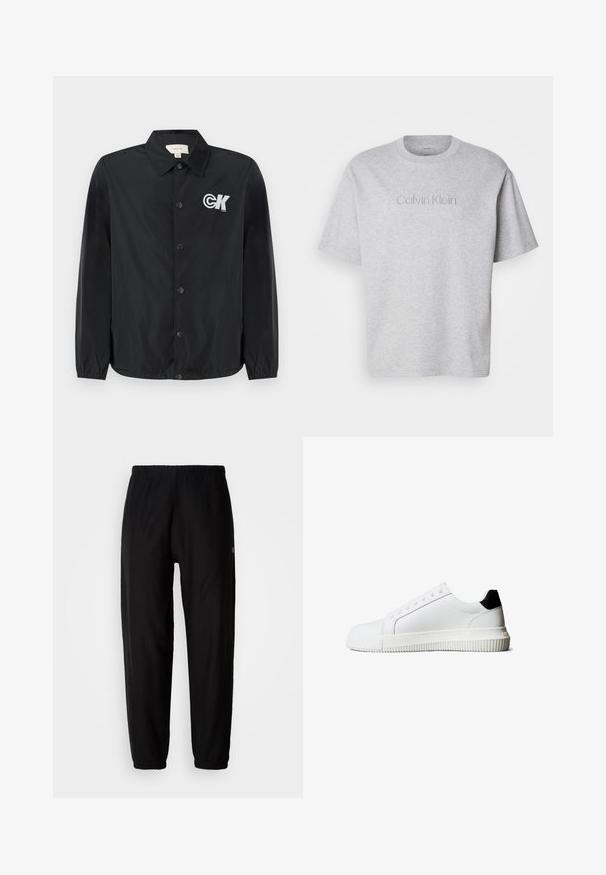 Calvin Klein Jeans Chaquetas bomber - black; Camiseta de algodón gris con mangas cortas, que presenta un cuello redondo y un logotipo bordado de "Calvin Klein" en la parte frontal en un color sutil.; Pantalones de chándal negros con cintura elástica, piernas ajustadas y dobladillos. Textura de tela suave. Detalle del logo en un lado.; Zapatillas de cuero blanco con un detalle en el talón negro, que cuentan con cordones planos, punta redondeada y una suela de goma acanalada para mejor agarre.