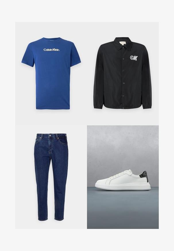 Calvin Klein Jeans Bombera - black; Modrá bavlnená tričko s okrúhlym výstrihom, krátkymi rukávmi a zlatým logom Calvin Klein na hrudi. Hladká textúra, neformálny dizajn.; Tmavomodré rifľové nohavice rovného strihu s predným zapínaním na gombík a zips, s pútkami na opasok a prednými aj zadnými vreckami.; Biele tenisky s hladkým koženým zvrškom a kontrastným čiernym pätkovým akcentom. Obsahujú ploché šnúrky a štruktúrovanú gumovú podrážku.