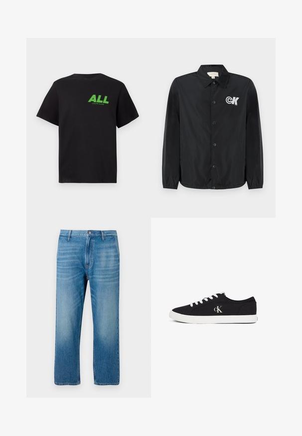 Calvin Klein Jeans Bomberjakke - black; Sort kortærmet T-shirt med grøn "ALL" tekst og mindre "Calvin Klein" logo trykt på den øverste venstre bryst.; Lys blå denimbukser med lige pasform, fem lomme-design, knaplukning og subtil falmning på forsiden. Ingen synlige mønstre.; Sort lavt sneakers med hvide snørebånd og sål, med "cK" logo på siden, vist på en hvid baggrund.