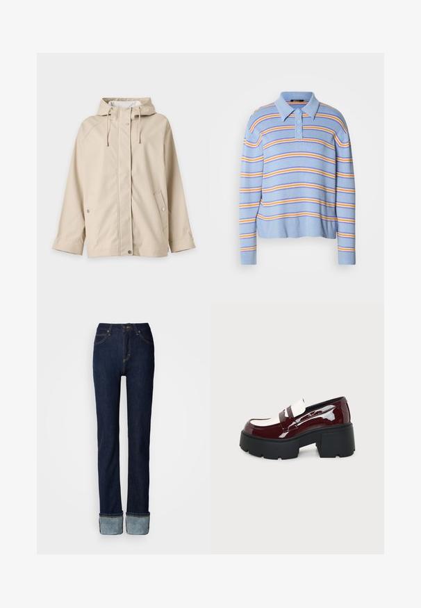 Beige hættejakke med trykknapper og snore, lange ærmer og to forlommer, vist på hvid baggrund.; Lyseblåstribet polo-sweater med tre knapper, med vandrette striber i hvid, orange og dybblå. Blød strikket tekstur.; Mørkeblå denimjeans med lige ben, der har opbukket manchet og kontrasterende syninger. Mellemhøj talje med klassisk knaplukning.; Kraftig platform loafer med bordeaux laklæder, hvide accenter og tyk sort grovmasket sål på lys grå baggrund.