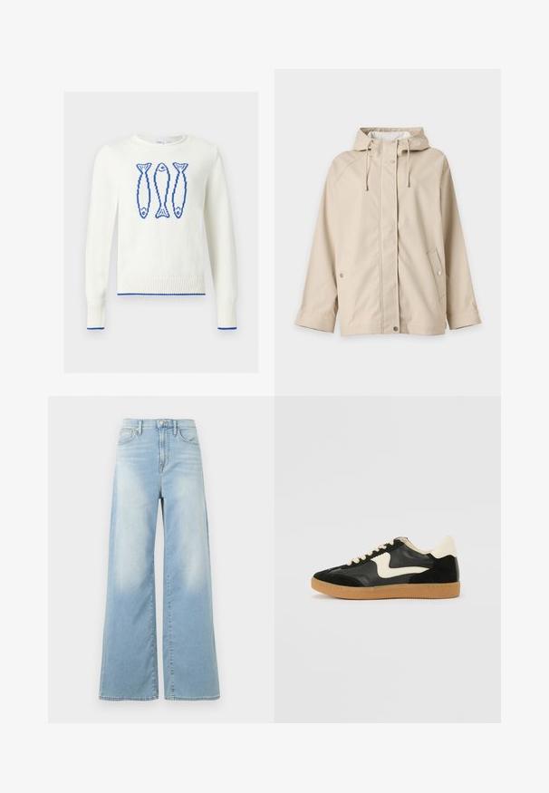 Veste beige à capuche avec boutons-pression et cordons, manches longues et deux poches avant, affichée sur un fond blanc.; Pull blanc col rond avec trois poissons bleus pixélisés sur la poitrine et bordure bleue aux poignets et à l’ourlet.; Jean large bleu clair à taille haute, avec boutons à l'avant et poches, présenté sur un fond blanc.; Baskets en daim et cuir noir avec un swoosh latéral crème et un talon crème clair. Dotées de lacets beige et d'une semelle en caoutchouc gomme.