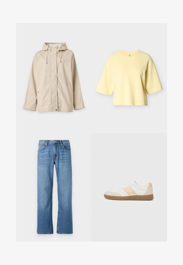 Beige capuchonjas met drukknopen en trekkoorden, lange mouwen en twee voorzakken, afgebeeld tegen een witte achtergrond.; Gele cropped trui met korte raglanmouwen, gemaakt van zacht stof, uitgerust met een geribbelde halslijn en zoom. Eenvoudig ontwerp, zonder patronen of accenten.; Lichtblauwe denim jeans met een recht model, vijf-pocket stijl, enkele knoopsluiting en gestikte details langs de naden.; Witte sneaker met beige accenten, gestructureerde rubberen zool, gladde neuskap en drie geperforeerde gaatjes aan de zijkanten. Vetersluiting.