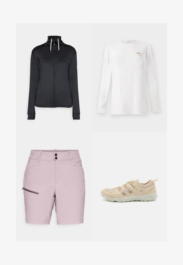 Zwarte zip-up jack met een hoge kraag, textuurstof en contrasterend trekkoord. Heeft zijzakken en duimgaatjes in de mouwen.; Witte lange mouw shirt met een kleine bruine bergafbeelding en de tekst "Paradise Tour" op de linker borst.; Lichtpaarse shorts met een gladde textuur, voorzien van een ritszak aan de zijkant, twee voorzakken en een tailleband met twee knopen.; Beige sportschoenen met gaaspanelen, getextureerde accenten en een rubberen zool. Voorzien van een vetersluiting en een trekband aan de hiel.