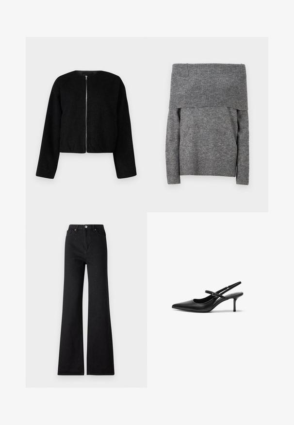Mustal lühike jope, mis on valmistatud tekstuurse kangast, millel on ümar kaelus ja täispikkuses lukku ees. Pika varrukaga ja mugava istuvusega.; Hallitus halli õlgadelt avatud kootud särk ribakujundusega ja ühtlasest materjalist. Omab pikki varrukaid ja laia ribakujundusega kaelus lisa detailideks.; Mustad flared teksad dekoratiivsete helmedega, kõrge vöökoht, traditsioonilised taskud ja nupuga sulgemine. Sile denimi tekstuur.; Mustad nahast slingback-kontsad terava varba ja peene reguleeritava rihmaga, umbes 5 cm kõrguse stiletto-kontsaga, siledast tekstuurist.