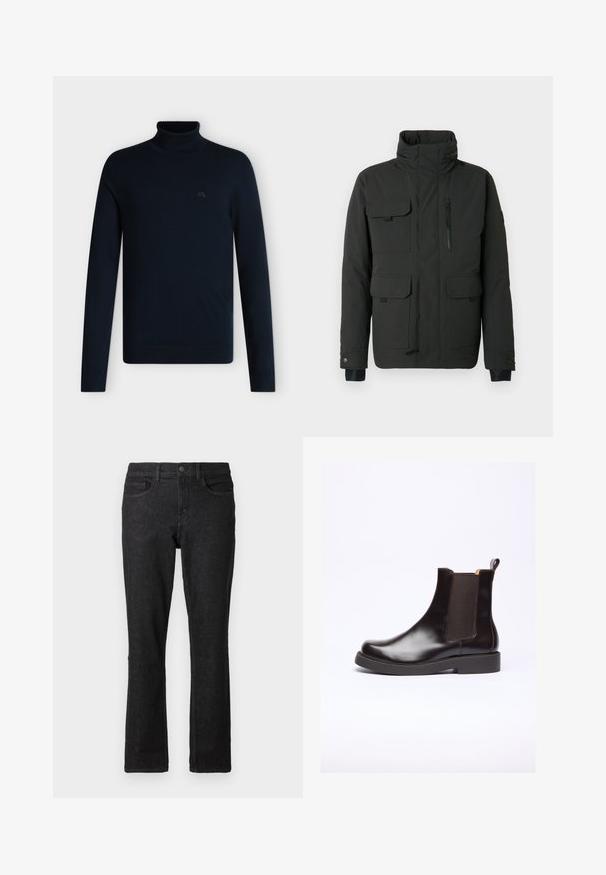 Chaqueta negra aislante con cuello alto, múltiples bolsillos delanteros, cierre de cremallera y detalles de botones, con textura mate y ajuste entallado.; Jersey negro de cuello alto y manga larga con cuello, puños y dobladillo acanalados, mostrado sobre un fondo blanco liso.; Vaqueros de mezclilla negra con corte de pierna recta, diseño de cinco bolsillos y cierre de botón. Estilo clásico y textura resistente.; Botín Chelsea de cuero marrón con paneles laterales elásticos y una lengüeta. Presenta una punta redondeada y una suela de goma resistente.