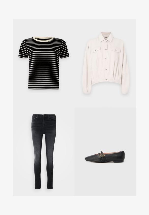 Veste en denim beige clair, raccourcie, avec un col pointu, une fermeture boutonnée sur le devant, deux poches poitrine et des manches longues légèrement bouffantes.; T-shirt à manches courtes noir et crème avec une texture côtelée et un col rond. Les rayures sont régulièrement espacées et horizontales.; Jean skinny en denim noir, avec un design classique à cinq poches et un léger dégradé. Fermeture à bouton en métal et couture contrastante.; Chaussures plates en cuir noir avec un bout pointu, dotées de deux brides noires avec des accents en métal doré. Texture lisse et talon bas.