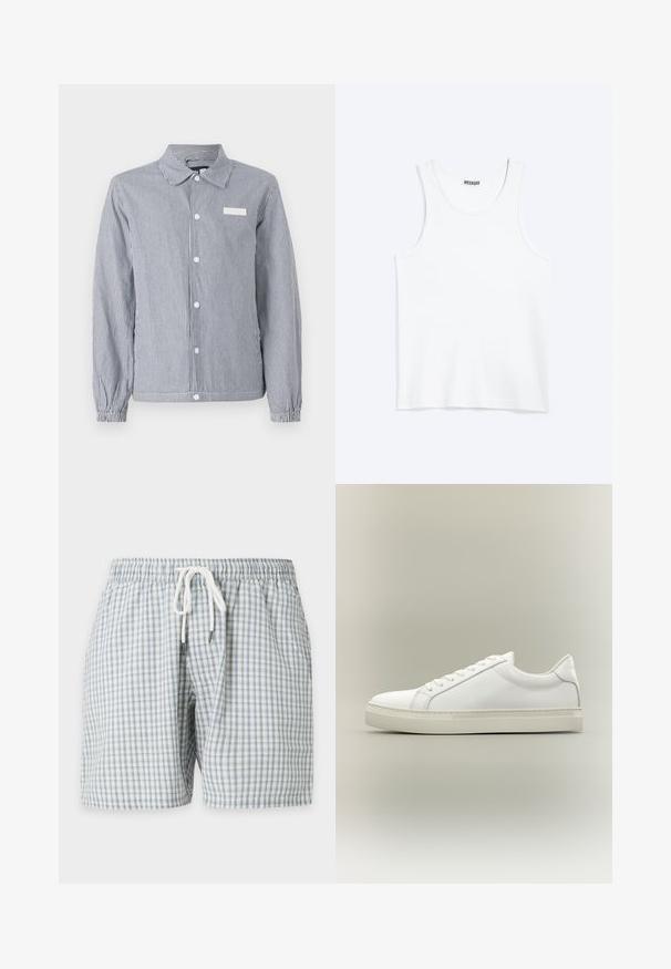 Chemise à rayures bleu marine et blanche, dotée d'un col, de longues manches avec des poignets élastiques et d'une petite étiquette blanche sur la poitrine.; Débardeur blanc sans manches avec col rond et étiquette de la marque Weekday à l'intérieur du col arrière, présenté à plat sur un fond clair.; Shorts pour hommes à carreaux bleu clair et blanc avec taille élastique et cordon blanc à nouer à l'avant.; Baskets blanches basses à lacets sur l’avant et semelle épaisse, vues de côté sur un fond neutre.
