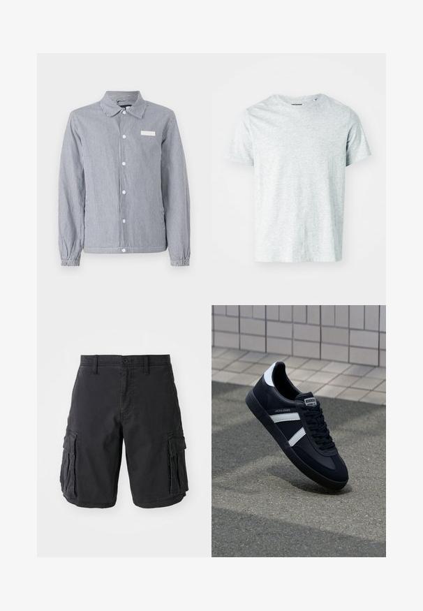 Chemise à rayures bleu marine et blanche, dotée d'un col, de longues manches avec des poignets élastiques et d'une petite étiquette blanche sur la poitrine.; T-shirt gris clair à manches courtes en tissu doux, avec un col rond et une coupe légèrement décontractée. Aucun motif ou graphique visible.; Shorts cargo noirs en coton, dotés de plusieurs poches latérales, d'une fermeture à bouton et d'une coupe décontractée. Texture lisse et coutures robustes.; Sneaker en cuir noir avec des rayures blanches, semelle en caoutchouc texturée et devant à lacets. Présente une étiquette de marque sur la languette.