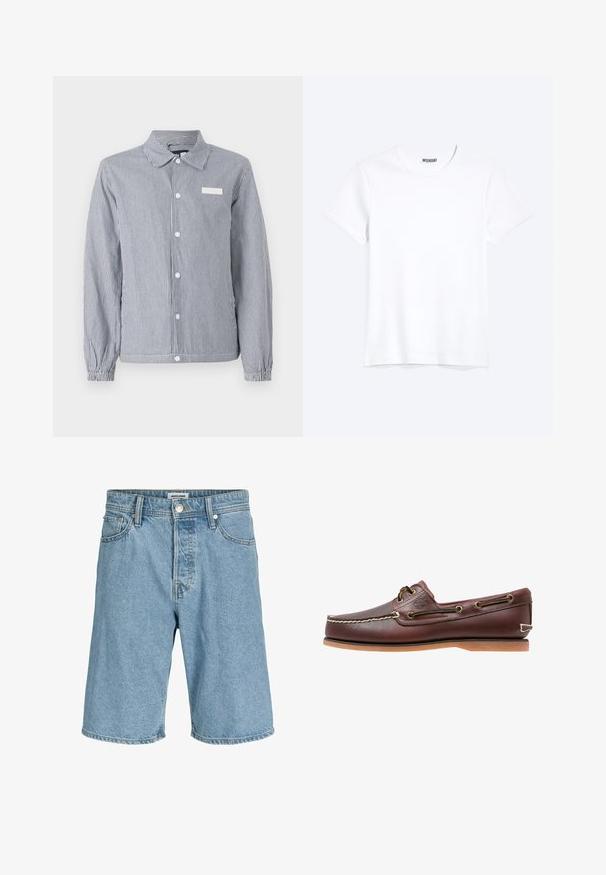 Chemise à rayures bleu marine et blanche, dotée d'un col, de longues manches avec des poignets élastiques et d'une petite étiquette blanche sur la poitrine.; T-shirt blanc uni à manches courtes et col rond avec une étiquette de la marque WEEKDAY visible au niveau du col, présenté sur un fond clair.; Shorts en denim bleu clair avec bouton et fermeture éclair à l'avant, passants pour ceinture, et poches avant et arrière.; Chaussure bateau en cuir marron avec coutures blanches, détails de lacets et semelle en caoutchouc beige, vue de côté sur fond blanc.