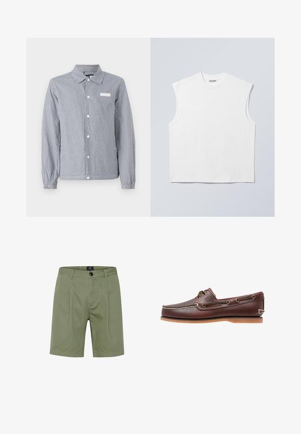 Gestreifte Button-up-Bluse in Marineblau und Weiß, mit Kragen, langen Ärmeln mit elastischen Bündchen und einem kleinen weißen Etikett auf der Brust.; Weißes ärmelloses Baumwolltop mit Rundhalsausschnitt und strukturierten Schultern, mit "WEEKDAY" auf dem Kragenetikett versehen, vor hellgrauem Hintergrund dargestellt.; Olivgrüne Shorts mit maßgeschneidertem Design, mit Knopfverschluss, Vordertaschen und dezenten senkrechten Streifen aus einem weichen, strukturierten Stoff.; Brauner Leder-Bootsschuh mit weißen Nähten, Schnürdetails und hellbrauner Gummisohle, seitlich auf weißem Hintergrund gezeigt.