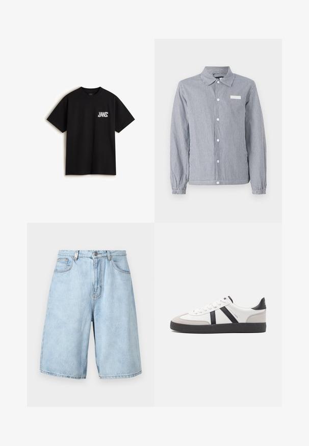 Camisa de botones a rayas en navy y blanco, con cuello, mangas largas con puños elásticos y una pequeña etiqueta blanca en el pecho.; Vans CHAOS - Camiseta estampada - black; Pantalones cortos de mezclilla azul claro con un ajuste relajado, que cuentan con dos bolsillos frontales, cierre de cremallera y acentos de costura visibles.; Zapatilla blanca con acentos en negro y gris, que presenta una puntera texturizada en gris, suela de goma negra y cordones planos blancos. Diseño limpio, estilo minimalista.