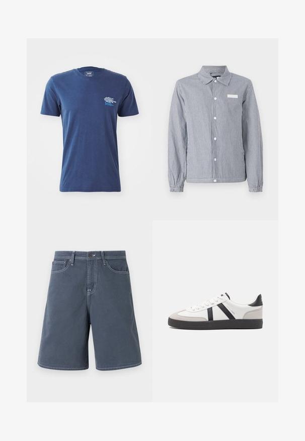 Gestreept knoopshirt in marineblauw en wit, met een kraag, lange mouwen met elastische manchetten en een klein wit label op de borst.; Navyblauwe katoenen T-shirt met korte mouwen, ronde halslijn en een grafisch ontwerp van een hand met tekst op de linkerborst.; Donkerblauwe katoenen shorts met witte stiksels, vijf zakken en een knoopsluiting in de taille. Rechte pijpen, minimale details.; Witte sneaker met zwarte en grijze accenten, voorzien van een grijze neus met textuur, zwarte rubberen zool en platte witte veters. Schoon ontwerp, minimalistische stijl.
