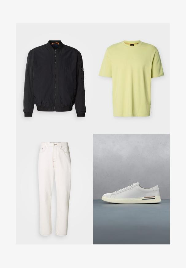 Chaqueta bomber negra con cremallera frontal, puños y cuello acanalados. Presenta una tela suave y ligera, así como un bolsillo lateral con cremallera.; Camiseta de algodón de manga corta en amarillo claro con escote redondo y sutil logo en relieve "BOSS" en el pecho.; Vaqueros de mezclilla blanca con un diseño de pierna recta, que presentan costuras cosidas, un cierre de botón metálico y una construcción estándar de cinco bolsillos.; Zapatilla de cuero blanco con punta redonda, cordones en la parte delantera, suela de goma crema y detalle en tono marrón. La superficie texturizada muestra un diseño minimalista.
