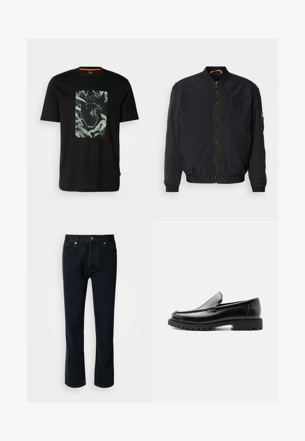 Chaqueta bomber negra con cremallera frontal, puños y cuello acanalados. Presenta una tela suave y ligera, así como un bolsillo lateral con cremallera.; Camiseta de algodón negra con un gráfico central de un pantera rodeada de hojas, con un cuello de cadena y el texto "BOSS". Mangas cortas.; HUGO JONAH - Vaqueros rectos - dark blue; Mocasín de cuero negro con suela de goma gruesa, empeine cosido y nombre de la marca en relieve en el talón, mostrado en perfil lateral sobre fondo blanco.