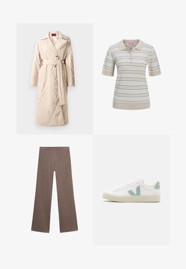 Beige, quiltet lang jakke med brede revers, to knapper, bælte bundet i taljen og sidelommer, præsenteret på hvid baggrund.; Beige poloshirt med korte ærmer med sorte og offwhite vandrette striber og tre knapper på stolpelukningen.; Brune brede bukser lavet af blødt, tekstureret stof. Designet har en høj talje og en løs pasform, perfekt til afslappet brug.; Hvide sneakers med mintgrønne svinde accenter. Har en rund tå, snøredesign, tekstureret sål og synligt brandlogo på hælen.