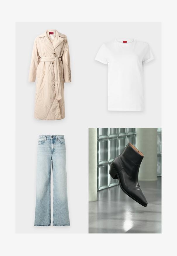 Manteau long en toile beige matelassé avec larges revers, deux boutons, ceinture nouée à la taille et poches latérales, présenté sur fond blanc.; T-shirt blanc à manches courtes en coton léger. Présente un col rond et des manches retroussées. Étiquette logo rouge sur le col.; Jean large bleu clair en denim, avec taille haute, ourlet court et une texture douce avec des détails décolorés.; Bottine en cuir noir avec un bout pointu et un talon carré lévitant au-dessus d'un sol gris réfléchissant près d'un mur en blocs de verre.