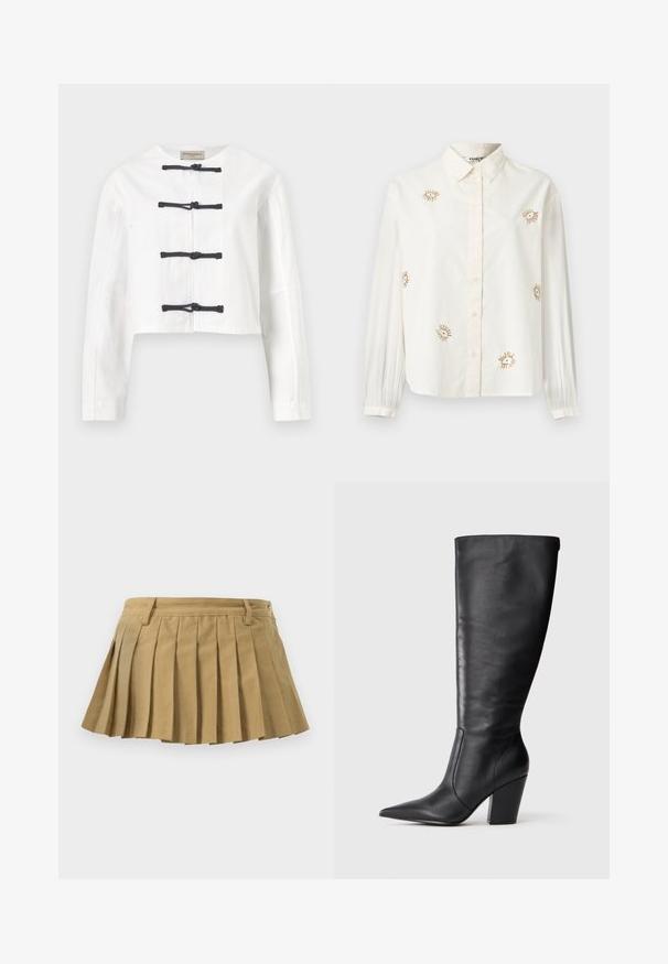 Witte cropped jas met lange mouwen en vier zwarte knoopsluitingen met toggles aan de voorkant, ronde halslijn, zonder kraag.; Wit katoenen overhemd met knopen, voorzien van goudkleurig zonnestraalborduurwerk en lange mouwen met gefronste manchetten. Klassiek kraagontwerp.; Plissé rok in lichtbruine stof, met een aansluitende tailleband, meerdere plooien en een rechte onderrand. Geen zichtbare sluitingen of accenten.; Zwarte leren kniehoge laars met puntige neus en chunky hoge hak, getoond in zijaanzicht aan de linkerkant op een witte achtergrond.