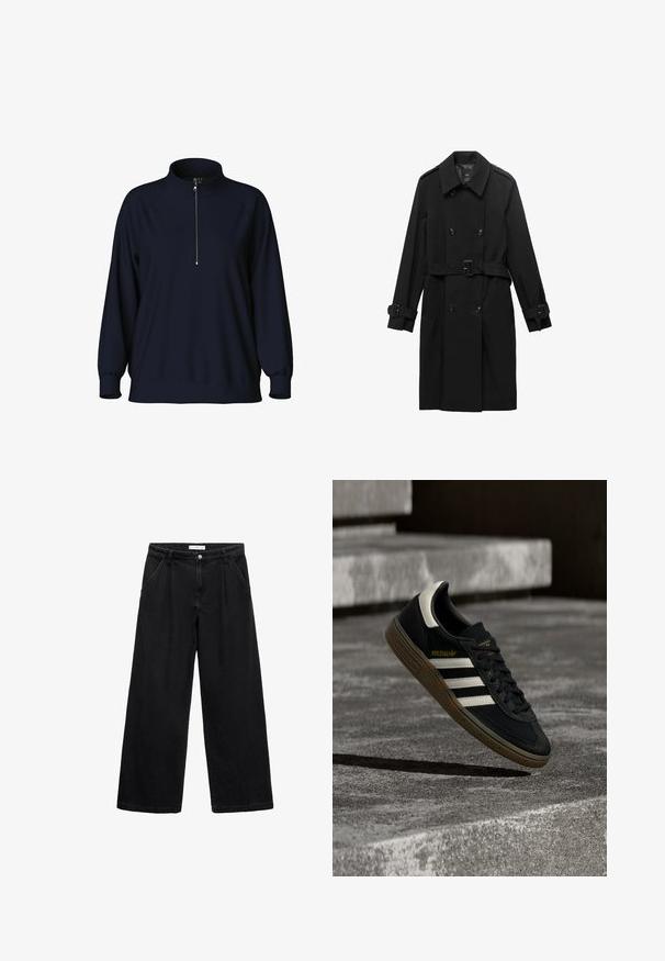 Sort dobbeltradet trenchcoat med bælte, der har skulderepauleter, knaplukninger ved håndleddene og to forlommer. Glat stofstruktur.; Marineblå pullover sweatshirt med høj krave, halv lynlås foran og raglanærmer. Blødt stof med en afslappet pasform og ribbede manchetter.; Sorte brede jeans lavet af denim, med høj talje, forlommer og knaplukning. Teksturen er glat med minimal detaljering.; Sort Adidas-sneaker med hvide striber og gummisåler, svævende over grå betontrapper i naturligt lys.