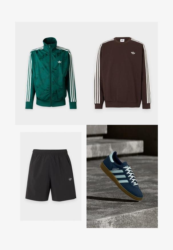 Veste Adidas verte zippée intégrale avec des rayures blanches sur les manches, des poignets et un ourlet côtelés, et le logo Adidas sur la poitrine gauche.; Sweatshirt Adidas marron foncé avec trois bandes blanches le long des manches et logo trèfle Adidas blanc sur la poitrine.; Short de sport noir à taille élastique avec poches latérales et petit logo Adidas sur la jambe gauche.; Baskets Adidas Spezial bleues avec des rayures et des lacets blancs, semelle en gomme, flottant au-dessus d'une surface en béton rugueuse et des marches en arrière-plan.