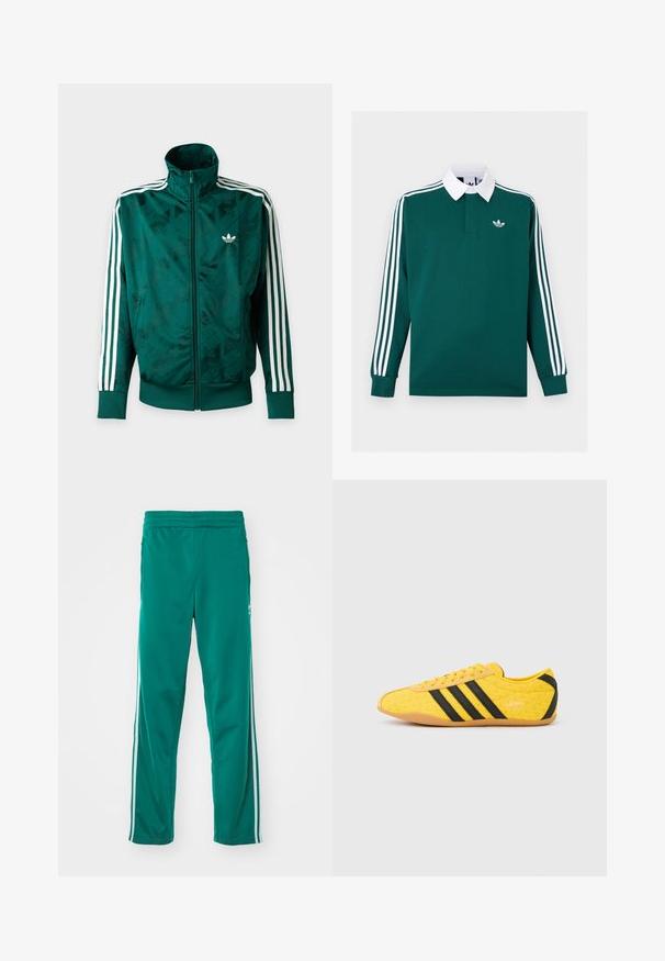 Grüne Adidas-Jacke mit durchgehendem Reißverschluss, weißen Streifen an den Ärmeln, gerippten Bündchen und Saum sowie Adidas-Logo auf der linken Brust.; Dunkelgrünes Rugbyshirt mit langen Ärmeln, weißem Kragen, drei weißen Streifen an den Ärmeln und kleinem weißem Adidas-Logo auf der Brust.; Grüne Jogginghosen mit glatter Textur, ausgestattet mit einem weißen Seitenstreifen und einem elastischen Bund. Gerade Beinform.; Gelber Sportschuh mit strukturiertem Obermaterial, verziert mit schwarzen Streifen und Logo. Abgerundete Spitze, weiche Sohle und Zickzackmuster auf dem Material.