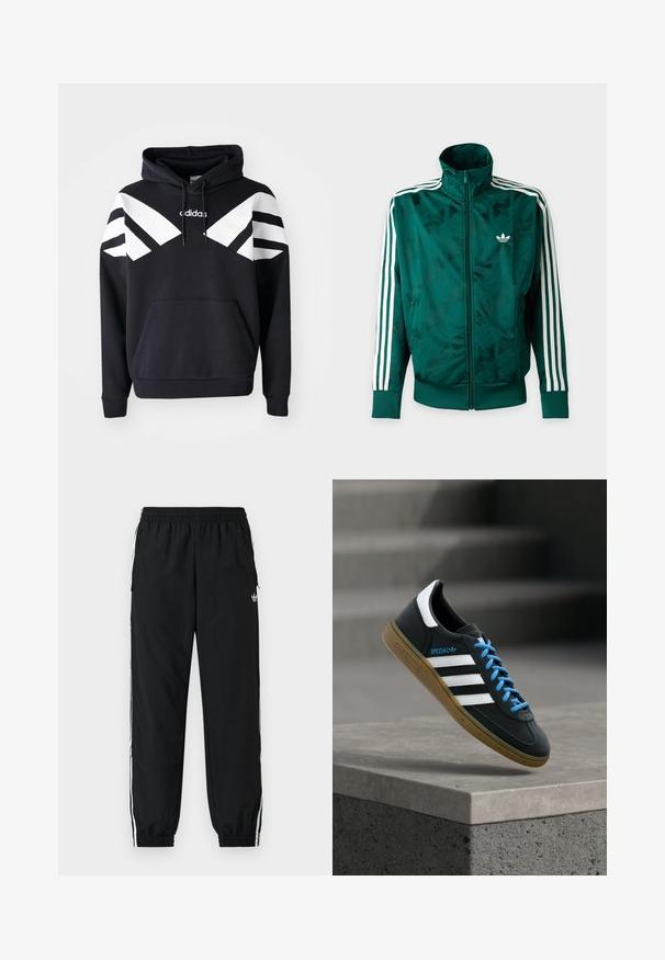 Zelená bunda Adidas so zapínaním na celý zips, bielymi pásikmi na rukávoch, rebrovanými manžetami a lemom a logom Adidas na ľavej strane hrudníka.; Čierna mikina s kapucňou so bielymi diagonálnymi pruhmi na hrudi a rukávoch, prednou vreckom a logom na hornej časti hrude.; Čierne športové nohavice s elastickým pásom a stiahnutými manžetami. Majú biele bočné pruhy a malú logo na prednej ľavej strane.; Čierna teniska Adidas s bielymi pruhmi, modrými šnúrkami a gumovou podrážkou, ktorá sa vznáša nad sivým betónovým schodom v mäkkom svetle.