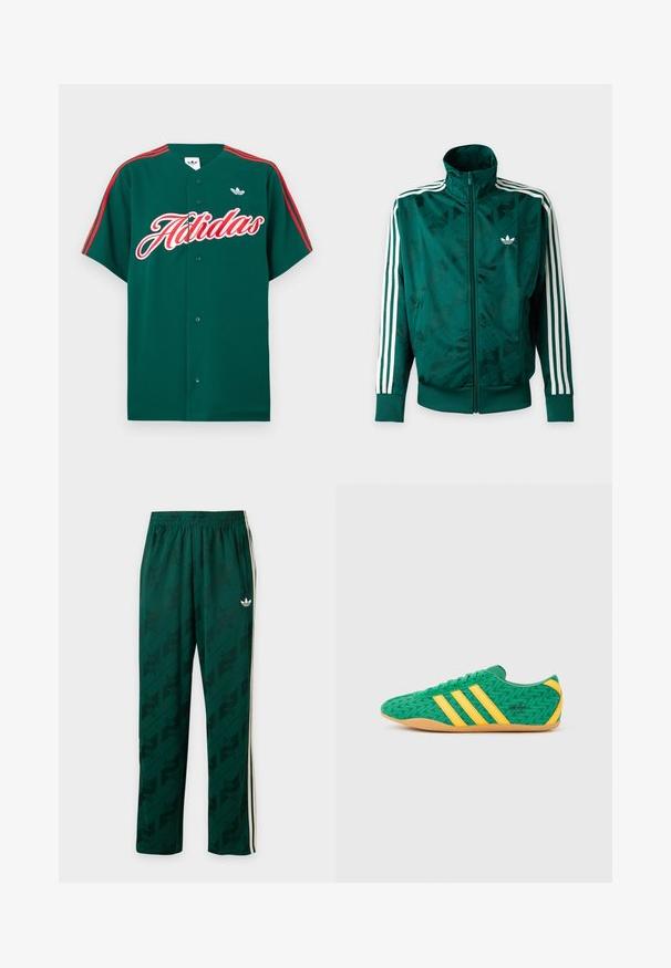 Πράσινο μπουφάν Adidas με ολόκληρο φερμουάρ και λευκές ρίγες στα μανίκια, ριμπ ζώνες στις μανσέτες και στο τελείωμα, και λογότυπο Adidas στο αριστερό στήθος.; Πράσινη κοντομάνικη ζακέτα με κόκκινες ρίγες στους ώμους, λευκό κεντητό κείμενο "Adidas" και μικρό λογότυπο στην επάνω αριστερή πλευρά.; Σκούρο πράσινο αθλητικό παντελόνι με διακριτικά λογότυπα με σχέδιο, λευκές πλευρικές ρίγες, ελαστική μέση και μικρό λευκό λογότυπο Adidas Trefoil στο δεξί μηρό.; Πράσινα υφασμάτινα αθλητικά παπούτσια με κίτρινες λεπτομέρειες και τρεις ρίγες, με ζιγκ ζαγκ μοτίβο και σόλα από καουτσούκ χρώματος τσίχλας.