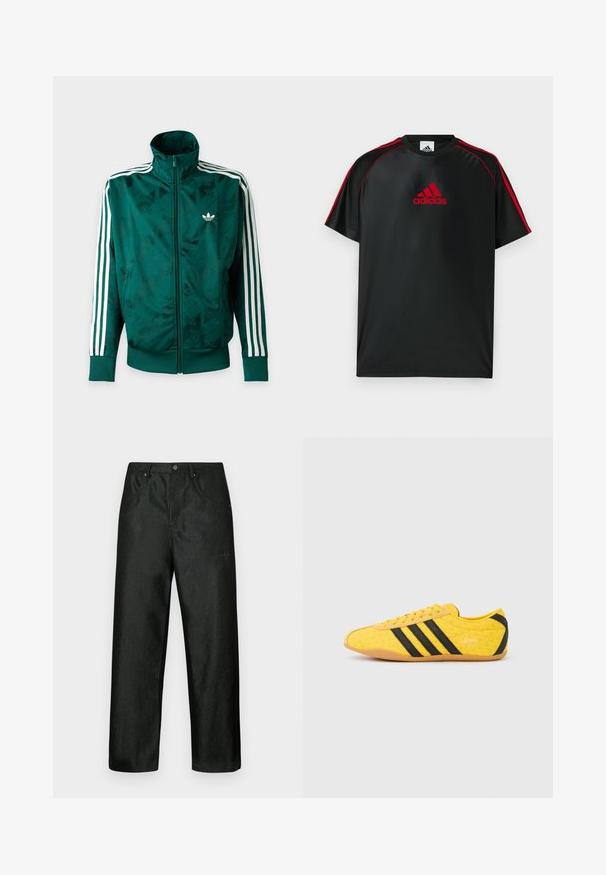 Πράσινο μπουφάν Adidas με ολόκληρο φερμουάρ και λευκές ρίγες στα μανίκια, ριμπ ζώνες στις μανσέτες και στο τελείωμα, και λογότυπο Adidas στο αριστερό στήθος.; Μαύρο αθλητικό μπλουζάκι με κόκκινες λεπτομέρειες και λογότυπο. Κατασκευασμένο από λείο, ελαφρύ ύφασμα. Διαθέτει στρογγυλή λαιμόκοψη και κοντά μανίκια.; Μαύρο παντελόνι με ελαφριά γυαλάδα, σε σχέδιο με ίσια γραμμή, δύο μπροστινές τσέπες και διακριτικό λογότυπο στο πάνω αριστερό μέρος.; Κίτρινο αθλητικό παπούτσι με υφή στο επάνω μέρος, με μαύρες ρίγες και λογότυπο. Στρογγυλεμένη μύτη, μαλακή σόλα και ζιγκ-ζαγκ σχέδιο στο υλικό.