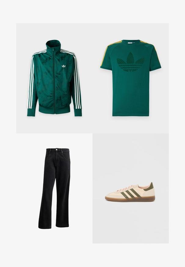 Grøn Adidas jakke med fuld lynlås og hvide striber på ærmerne, ribbede manchetter og kant samt Adidas-logo på venstre bryst.; Grøn T-shirt med korte ærmer med mørkegrønt Adidas trefoil-logo og gule striber på skuldrene mod en hvid baggrund.; Sorte denim jeans med straight-leg design, der har frontlommer, en knaplukning og en let tekstur. Inkluderer en diskret logo detalje.; Beige Adidas Spezial sneaker med lav profil, grønne striber, gummisål og "SPEZIAL"-branding på siden, vist fra ydersiden.