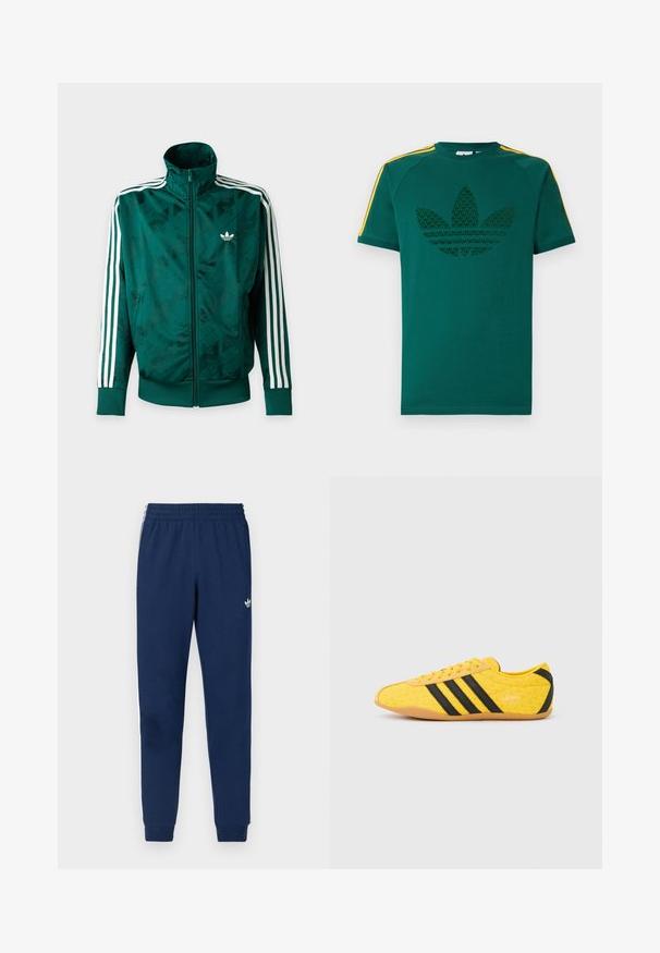Πράσινο μπουφάν Adidas με ολόκληρο φερμουάρ και λευκές ρίγες στα μανίκια, ριμπ ζώνες στις μανσέτες και στο τελείωμα, και λογότυπο Adidas στο αριστερό στήθος.; Πράσινο κοντομάνικο μπλουζάκι με σκούρο πράσινο λογότυπο Adidas trefoil και κίτρινες ρίγες στους ώμους σε λευκό φόντο.; Μπλε ναυτικό παντελόνι φόρμας με ελαστική μέση με κορδόνι, πλαϊνές τσέπες και τρεις λευκές ρίγες στα πλαϊνά. Διαθέτει μικρό λευκό λογότυπο.; Κίτρινο αθλητικό παπούτσι με υφή στο επάνω μέρος, με μαύρες ρίγες και λογότυπο. Στρογγυλεμένη μύτη, μαλακή σόλα και ζιγκ-ζαγκ σχέδιο στο υλικό.