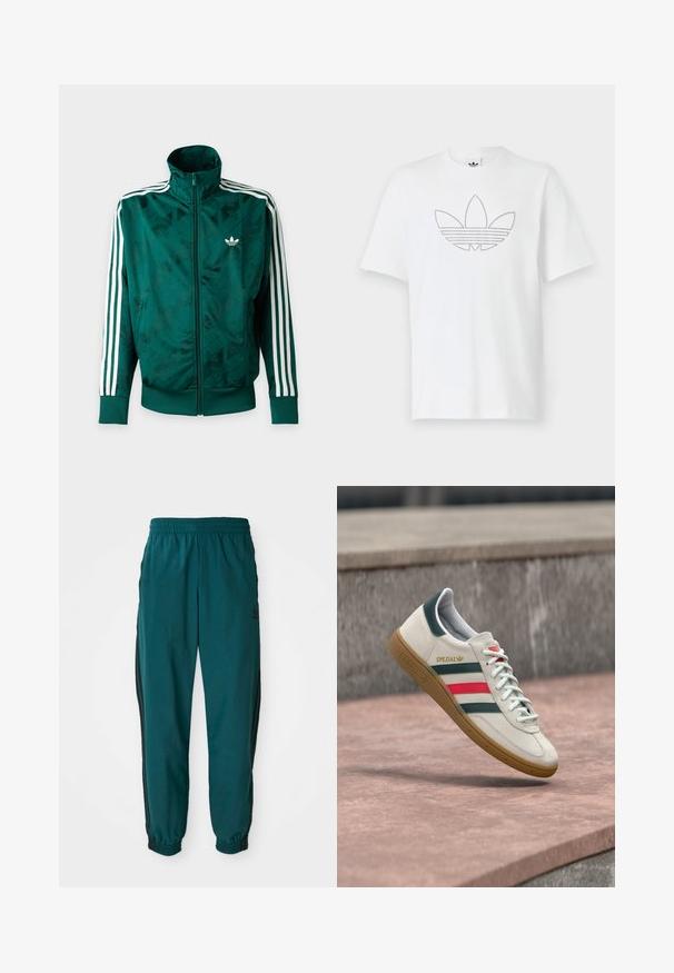 Chaqueta Adidas verde con cremallera completa, rayas blancas en las mangas, puños y bajo acanalados, y logo de Adidas en el pecho izquierdo.; Camiseta de algodón blanca que presenta un contorno negro punteado de un logo de trébol en la parte frontal. Mangas cortas y cuello redondo.; Pantalones deportivos en color verde azulado con cintura ajustable por cordón, puños elásticos y rayas negras en los lados. Fabricados con un tejido ligero, presentan un logo cerca de la cadera.; Zapatilla blanca Adidas con franjas verdes y rojas, suela de goma y marca "SPEZIAL" flotando sobre pavimento de piedra.