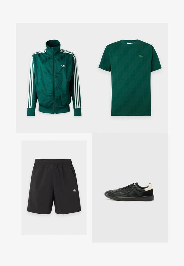 Veste Adidas verte zippée intégrale avec des rayures blanches sur les manches, des poignets et un ourlet côtelés, et le logo Adidas sur la poitrine gauche.; T-shirt vert foncé à manches courtes et col rond avec des logos Adidas Trefoil diagonaux subtils et un petit logo Trefoil sur la poitrine gauche.; Short de sport noir à taille élastique avec poches latérales et petit logo Adidas sur la jambe gauche.; ALDO THEPITCH - Baskets basses - black
