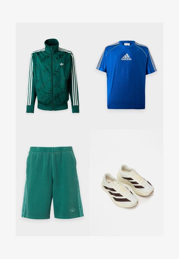 Zaļa pilna rāvējslēdzēja Adidas jaka ar baltām svītrām uz piedurknēm, ribotu aproču un apakšmalu, kā arī Adidas logotipu kreisajā krūšu pusē.; Zils Adidas sporta T-krekls ar baltu logotipu uz krūtīm, baltām svītrām uz pleciem un neona dzeltenu apmali pie plecu šuvēm.; Zaļas kokvilnas šorti ar elastīgu jostasvietu, sānu kabatām un teksturētām detaļām. Kāju pusē ir smalks zīmola elements.; Gaišas krēmkrāsas skriešanas apavi ar tumši brūnām diagonālām svītrām, fakturētu sieta augšdaļu un mīkstu zoli. Iekļauts dzeltenais "ADIZERO" zīmols.