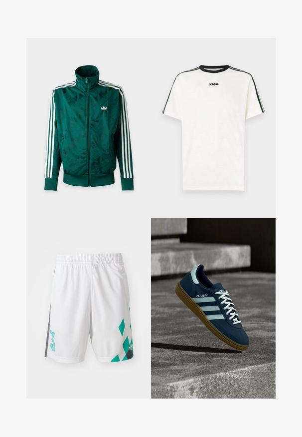 Zelená bunda Adidas so zapínaním na celý zips, bielymi pásikmi na rukávoch, rebrovanými manžetami a lemom a logom Adidas na ľavej strane hrudníka.; Biele tričko s krátkym rukávom a textúrovaným vzorom chevron, čiernym okrúhlym golierom a čierno-tyrkysovými pruhovanými akcentmi na ramenách.; Biele športové šortky s elastickým pásom, zdobené teal geometrickým vzorom a čiernymi akcentmi na stranách. Obsahujú veľké číslo "3".; Modré tenisky Adidas Spezial s bielymi pruhmi a šnúrkami, gumovou podrážkou, plávajúce nad drsným betónovým povrchom a schodmi v pozadí.