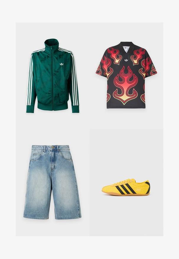 Πράσινο μπουφάν Adidas με ολόκληρο φερμουάρ και λευκές ρίγες στα μανίκια, ριμπ ζώνες στις μανσέτες και στο τελείωμα, και λογότυπο Adidas στο αριστερό στήθος.; Μαύρο αθλητικό μπλουζάκι από δίχτυ με μεγάλα κόκκινα και κίτρινα σχέδια φλόγας και λευκό λογότυπο Adidas στο κέντρο κάτω από το γιακά.; Ανοιχτό μπλε τζιν σορτς με άνετη εφαρμογή, σχεδιασμό με πέντε τσέπες και ξεθωριασμένο φινίρισμα. Διαθέτει κλείσιμο με κουμπί και θηλιές για ζώνη.; Κίτρινο αθλητικό παπούτσι με υφή στο επάνω μέρος, με μαύρες ρίγες και λογότυπο. Στρογγυλεμένη μύτη, μαλακή σόλα και ζιγκ-ζαγκ σχέδιο στο υλικό.