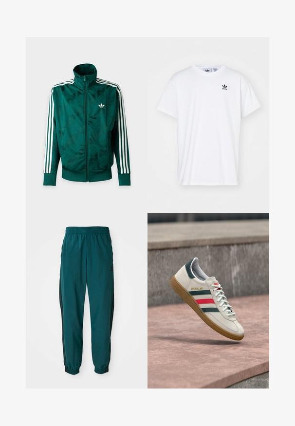 Chaqueta Adidas verde con cremallera completa, rayas blancas en las mangas, puños y bajo acanalados, y logo de Adidas en el pecho izquierdo.; Camiseta blanca de algodón con mangas cortas, escote redondo y un logo negro de Adidas con tres franjas en la zona del lado izquierdo del pecho.; Pantalones deportivos en color verde azulado con cintura ajustable por cordón, puños elásticos y rayas negras en los lados. Fabricados con un tejido ligero, presentan un logo cerca de la cadera.; Zapatilla blanca Adidas con franjas verdes y rojas, suela de goma y marca "SPEZIAL" flotando sobre pavimento de piedra.