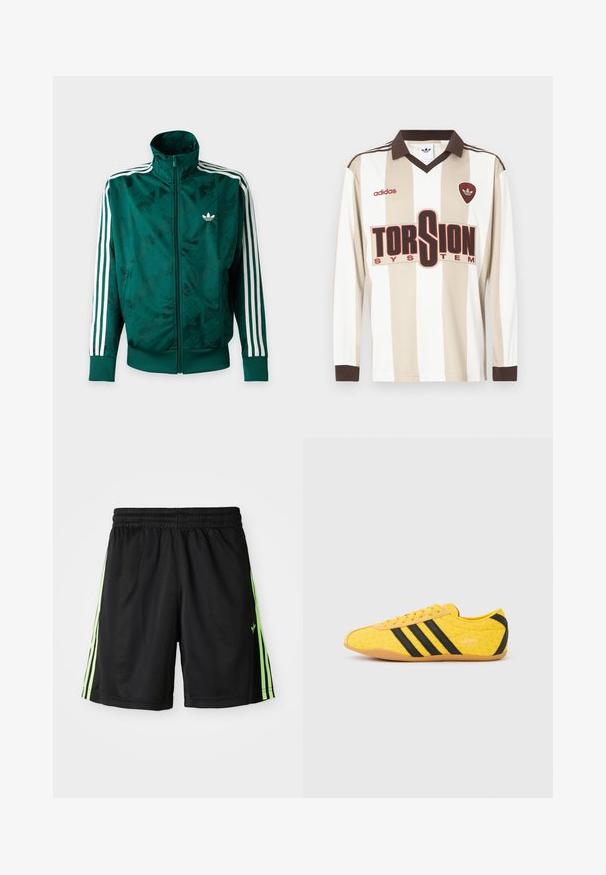 Rohelise täislukuga Adidas jakk, millel on valged triibud varrukatel, soonikkoes mansetid ja ääred ning Adidas logo vasakul rinnal.; Beige ja valgete triipudega pikade varrukatega jalgpallipusa; varustatud pruunide kaeluse ja mansettidega, suure punase "TORSION SYSTEM" logoga ning adidas'i brändinguga.; Mustad mustad lühikesed püksid elastse vöökohaga, millel on iga külje peal kaks vertikaalset neoonrohelist triipu ja ees vasakul väike logo.; Kollane sportlik jalanõu tekstuurse pealiskihiga, millel on mustad triibud ja logo. Ümar nina, pehme tallaosa ning materjalil siksakmuster.